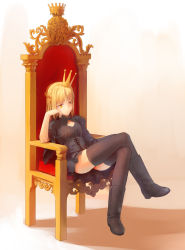 Rule 34 | 1girl, absurdres, artoria pendragon (all), artoria pendragon (fate), black dress, black footwear, black thighhighs, blonde hair, boots, bored, chair, crossed legs, crown, dress, fate/hollow ataraxia, fate/stay night, fate (series), highres, red upholstery, saber (fate), saber alter, sheepspear, sitting, solo, thighhighs, throne, two side up, yellow eyes