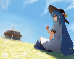 Rule 34 | 1girl, absurdres, black headwear, blue hair, blue skirt, blue sky, blurry, closed mouth, cloud, commentary request, depth of field, food, full body, highres, hinanawi tenshi, holding, holding food, keystone, leaf, long hair, looking at viewer, looking back, moriforest1040, outdoors, peach hat ornament, red eyes, shirt, sitting, skirt, sky, solo, touhou, white shirt