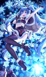 Rule 34 | 1girl, ankle bow, ankle ribbon, antlers, arm up, bell, belt, black thighhighs, blue eyes, blue hair, blurry, bokeh, bow, box, capelet, commentary, depth of field, full body, fur-trimmed capelet, fur-trimmed footwear, fur-trimmed skirt, fur-trimmed tube top, fur trim, gift, gift box, gloves, glowing, hair ornament, hatsune miku, high heels, highres, holding, holding sack, horns, jumping, leg ribbon, long hair, looking at viewer, midriff, miniskirt, navel, neck bell, night, night sky, open mouth, outstretched arm, pine (angel4195202), plaid, plaid bow, plaid skirt, reindeer antlers, ribbon, sack, skirt, sky, small stellated dodecahedron, smile, snowflakes, stellated octahedron, strapless, symbol-only commentary, thighhighs, tube top, twintails, very long hair, vocaloid