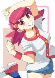 Rule 34 | 1girl, 34 (sanjushi), breasts, creatures (company), game freak, hair ornament, hairclip, highres, long hair, looking at viewer, nintendo, one-hour drawing challenge, pink eyes, pink hair, pokemon, pokemon hgss, shirt, shoes, short shorts, short sleeves, shorts, smile, sneakers, solo, twintails, whitney (pokemon)