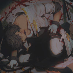 Rule 34 | 1boy, arknights, black hair, blood, blood on clothes, closed eyes, collapsed, commentary, dark-skinned male, dark skin, ear piercing, earclip, english commentary, exhausted, gloves, highres, jacket, jewelry, kneeling, male focus, manjyufroth, necklace, pants, piercing, sweat, thorns (arknights), vial, white gloves, white jacket, white pants