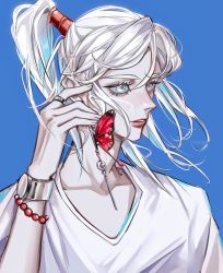 Rule 34 | 1girl, aqua eyes, blue background, bracelet, bug, butterfly, butterfly earrings, clock, collarbone, earrings, from side, high ponytail, insect, jewelry, long hair, prophet of water, red butterfly, ring, shirt, sky: children of the light, solo, white shirt, xiaoniaodenanpiao