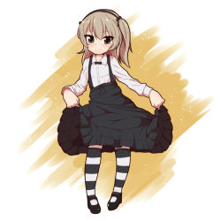 Rule 34 | 10s, 1girl, black bow, black bowtie, black ribbon, black skirt, black thighhighs, bow, bowtie, brown eyes, casual, closed mouth, collared shirt, commentary, full body, girls und panzer, hair ribbon, high-waist skirt, light brown hair, long hair, long sleeves, looking at viewer, mary janes, medium skirt, nishikawa ryunosu, ribbon, shimada arisu, shirt, shoes, side ponytail, skirt, skirt hold, smile, solo, standing, striped clothes, striped thighhighs, suspender skirt, suspenders, thighhighs, white shirt, yellow background