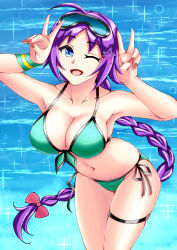 Rule 34 | 1girl, azur lane, bikini, braid, breasts, cleavage, double v, goggles, goggles on head, green bikini, halterneck, highres, large breasts, long hair, looking at viewer, nail polish, nicoloso da recco (azur lane), nicoloso da recco (to a smashing voyage!) (azur lane), official alternate costume, one eye closed, open mouth, outdoors, side-tie bikini bottom, simple background, single braid, string bikini, swimsuit, v, very long hair, water, white background, xiang mulin
