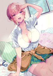 Rule 34 | 1girl, absurdres, arm up, blue eyes, blush, breasts, cleavage, clothes around waist, collarbone, earrings, go-toubun no hanayome, green skirt, hand in own hair, highres, indoors, jewelry, large breasts, looking at viewer, nakano ichika, nununu (nununu386), on bed, open mouth, pillow, pink hair, pleated skirt, scissors, shirt, short hair, sitting, skirt, solo, sweater, sweater around waist, thighs, white shirt, window