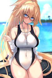 Rule 34 | 1girl, bare shoulders, black-framed eyewear, blonde hair, blue eyes, blush, breasts, closed mouth, collarbone, commentary request, competition swimsuit, covered navel, day, fate/grand order, fate (series), glasses, hair between eyes, head tilt, high ponytail, highleg, highleg swimsuit, highres, hip focus, jacket, jeanne d&#039;arc (fate), jeanne d&#039;arc (ruler) (fate), jeanne d&#039;arc (swimsuit archer) (fate), jeanne d&#039;arc (swimsuit archer) (second ascension) (fate), large breasts, long hair, looking at viewer, ocean, off shoulder, one-piece swimsuit, open clothes, open jacket, outdoors, ponytail, sitting, smile, solo, swimsuit, thighs, two-tone swimsuit, untue, very long hair, whistle, white jacket, white one-piece swimsuit