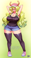 Rule 34 | 1girl, armpits, arms behind head, arms up, blonde hair, breasts, cleavage, curvy, full body, green hair, hat, horns, huge breasts, jadenkaiba, kobayashi-san chi no maidragon, long hair, lucoa (maidragon), multicolored hair, parted lips, shoes, sneakers, solo, standing, text focus, thick thighs, thighhighs, thighs, zettai ryouiki
