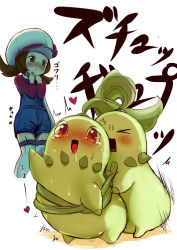 Rule 34 | &gt; &lt;, blush, brown hair, chikorita, creatures (company), drooling, game freak, gen 2 pokemon, hat, heart, highres, low twintails, lyra (pokemon), monster, nintendo, open mouth, pokemon, pokemon (creature), pokemon hgss, red eyes, sex, simple background, tenteco (covamin), text focus, twintails, white background