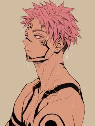Rule 34 | 1boy, arm tattoo, chest tattoo, closed mouth, collarbone, extra eyes, facial tattoo, jujutsu kaisen, kukig8765, looking at viewer, male focus, neck tattoo, pink hair, red eyes, ryoumen sukuna (jujutsu kaisen), short hair, shoulder tattoo, simple background, solo, symbol-only commentary, tattoo, topless male, wet, wet hair