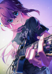 Rule 34 | 1girl, absurdres, blue eyes, blue skirt, blurry, blurry foreground, bocchi the rock!, breasts, clothes writing, crossed bangs, gotoh hitori, guitar, hair between eyes, hair ornament, head tilt, highres, holding, holding instrument, holding plectrum, instrument, long hair, looking at viewer, open mouth, otokoe, pink hair, plectrum, short sleeves, skirt, small breasts, solo, standing, sweat, upper body