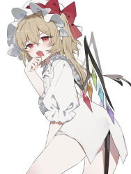 1girl blonde_hair blood blood_from_mouth blush bow crystal demon_tail flandre_scarlet hat hat_ribbon highres looking_at_viewer mob_cap open_mouth puffy_short_sleeves puffy_sleeves red_eyes ribbon shirt short_hair short_sleeves side_ponytail simple_background solo sorani_(kaeru0768) tail touhou white_shirt wings