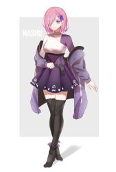 Rule 34 | 1girl, absurdres, alex (alex-xander), alternate costume, asymmetrical bangs, asymmetrical clothes, asymmetrical sleeves, black thighhighs, character name, coat, fate/grand order, fate (series), full body, grey background, hair over one eye, hair ribbon, high-waist skirt, highres, long sleeves, looking at viewer, mash kyrielight, miniskirt, open clothes, open coat, parted lips, pink hair, pleated skirt, print skirt, purple coat, purple eyes, purple ribbon, purple skirt, ribbon, short hair, skirt, solo, standing, thighhighs, two-tone background, uneven sleeves, white background, zettai ryouiki