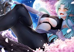 Rule 34 | 1girl, aqua hair, blush, breasts, cherry blossoms, clothing cutout, cluseller, crossed legs, detached sleeves, dress, dutch angle, earclip, earrings, fangs, female focus, grey dress, hair intakes, hakubi ryoko, happy, highres, holding, hoop earrings, in tree, jewelry, jpeg artifacts, large breasts, long hair, looking at viewer, moon, navel, night, open clothes, open dress, open mouth, outdoors, outstretched arm, pelvic curtain, petals, pointy ears, pouring, rope, ryouko (tenchi muyou!), shiny clothes, side slit, sidelocks, sitting, skindentation, sleeveless, sleeveless dress, sleeves past wrists, smile, solo, sports bra, star (sky), stomach, teeth, tenchi muyou!, thick thighs, thighs, tongue, tree, underboob, underboob cutout, vase, water, yellow eyes