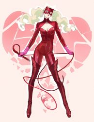 Rule 34 | 10s, 1girl, blonde hair, blue eyes, bodysuit, boots, breasts, cleavage cutout, closed mouth, clothing cutout, full body, gloves, high heel boots, high heels, highres, huangdanlan, large breasts, legs apart, lipstick, long hair, looking at viewer, makeup, mask, persona, persona 5, pink gloves, red bodysuit, red footwear, red lips, smile, solo, takamaki anne, thigh boots, thighhighs, twintails, whip