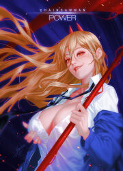 Rule 34 | 1girl, absurdres, breasts, chainsaw man, cleavage, collared shirt, demon girl, demon horns, grabbing own breast, hair between eyes, highres, holding, holding scythe, honey brush, horns, large breasts, long hair, looking at viewer, necktie, off-shoulder jacket, off shoulder, open clothes, open shirt, partially unbuttoned, power (chainsaw man), red eyes, red horns, scythe, sharp teeth, shirt, teeth, unbuttoned, unbuttoned shirt