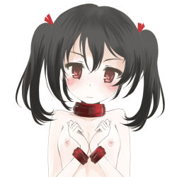 Rule 34 | 10s, 1girl, bdsm, black hair, blush, bondage, bound, bow, collar, flat chest, frapowa, hair bow, looking at viewer, love live!, love live! school idol project, nipples, nude, red eyes, simple background, solo, twintails, upper body, white background, yazawa nico