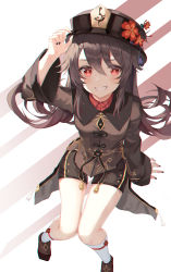 Rule 34 | 1girl, :d, absurdres, black nails, black shorts, blush, brown hair, chinese clothes, flower, from above, genshin impact, grin, hair between eyes, hat, hat flower, hat ornament, highres, hu tao (genshin impact), kneehighs, long hair, long sleeves, looking at viewer, nail polish, open mouth, red eyes, shorts, sidelocks, sitting, smile, socks, solo, star-shaped pupils, star (symbol), symbol-shaped pupils, two-tone background, white background, white socks, yeolyeo