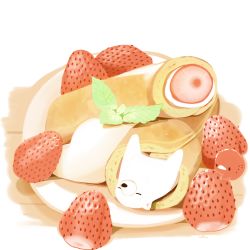 Rule 34 | artist name, bear, bird, chai (drawingchisanne), commentary request, cream, dessert, food, food focus, fruit, mint, no humans, on food, original, pancake, plate, rolled up, strawberry