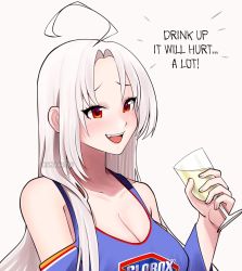Rule 34 | 1girl, :d, ahoge, arms behind back, artist name, bare shoulders, bleach (chemical), blue dress, blush, breasts, cleavage, clorox, clorox-chan, collarbone, commentary, cup, dress, drinking glass, english commentary, english text, eyelashes, eyes visible through hair, hand up, highres, holding, holding cup, kumaartsu, large breasts, logo, long hair, open mouth, original, personification, red eyes, redrawn, simple background, smile, solo, speech bubble, upper body, white background, white hair