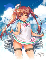Rule 34 | 10s, 1girl, ;d, bare shoulders, blush, brown eyes, brown hair, clothes lift, cloud, cloudy sky, dark-skinned female, dark skin, day, dress, dress lift, fang, hat, highres, kantai collection, libeccio (kancolle), long hair, looking at viewer, machinery, matching hair/eyes, one eye closed, open mouth, panties, paravane, sailor dress, sasachin (k+w), sky, sleeveless, smile, solo, standing, striped clothes, striped panties, twintails, underwear