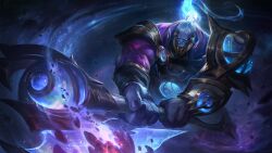 Rule 34 | 1boy, absurdres, armor, blue eyes, colored skin, commentary, constellation, cosmic paladin sion, english commentary, fingernails, galaxy, giant, glowing, glowing eyes, highres, holding, holding weapon, league of legends, light, male focus, official alternate costume, shoulder armor, sion (league of legends), sky, solo, space, star (sky), starry sky, weapon, white hair