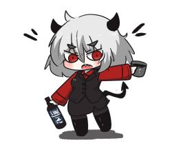 Rule 34 | 1girl, alcohol, black footwear, black pantyhose, black tail, black vest, boots, breasts, chibi, demon girl, demon horns, demon tail, eyebrows, glass, helltaker, horns, looking at viewer, malina (helltaker), pantyhose, red eyes, red shirt, sharp teeth, shirt, short hair, tail, teeth, thigh boots, thighhighs, uni souchou, vest, white background, white hair