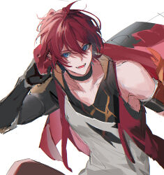 Rule 34 | 1boy, black tank top, blue eyes, commentary request, hair between eyes, hand on own head, highres, honkai: star rail, honkai (series), luka (honkai: star rail), male focus, mechanical arms, open mouth, red hair, simple background, single bare shoulder, single mechanical arm, solo, tank top, ueauwa, upper body, white background, white tank top