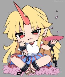 Rule 34 | 1girl, :d, blonde hair, blue skirt, brown footwear, chibi, cuffs, cup, fang, grey background, highres, holding, holding cup, horns, hoshiguma yuugi, indian style, long hair, looking at viewer, oni horns, open mouth, ramudia (lamyun), red eyes, red horns, sakazuki, sandals, shackles, shirt, short sleeves, simple background, single horn, sitting, skirt, smile, solo, star (symbol), star print, touhou, v-shaped eyebrows, white shirt, zouri
