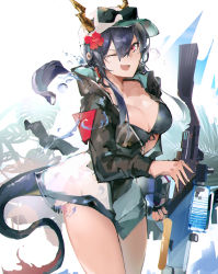 Rule 34 | 1girl, ;d, absurdres, arknights, baseball cap, bikini, bikini under clothes, black bikini, black jacket, blue hair, breasts, ch&#039;en (arknights), ch&#039;en the holungday (arknights), cleavage, cowboy shot, dragon girl, dragon horns, dragon tail, earpiece, eyewear on headwear, flower, front-tie bikini top, front-tie top, gun, hair between eyes, hair flower, hair ornament, hat, highres, holding, holding gun, holding weapon, hood, hood down, hooded jacket, horns, horns through headwear, jacket, jumbowhopper, large breasts, looking at viewer, official alternate costume, one eye closed, open clothes, open jacket, open mouth, red eyes, red flower, sketch, smile, solo, sunglasses, swimsuit, tail, thighs, twintails, water gun, weapon, white hat