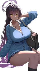 Rule 34 | 1girl, absurdres, bag, black bag, black hair, black socks, blue archive, breasts, cleavage, collarbone, collared shirt, commentary, english commentary, halo, highres, karin (blue archive), kneehighs, large breasts, long hair, long sleeves, looking at viewer, multicolored hair, omenion, purple hair, purple halo, shirt, shoulder bag, simple background, sitting, socks, solo, thighs, two-tone hair, white background, white shirt, yellow eyes