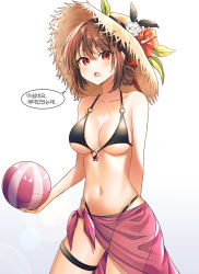 Rule 34 | 1girl, arm behind back, ball, bare shoulders, bikini, black bikini, breasts, guardian tales, hat, highres, holding, holding ball, korean text, looking at viewer, medium breasts, medium hair, navel, open mouth, pikandong, red eyes, see-through, solo, speech bubble, straw hat, summer innkeeper loraine, swimsuit, white background