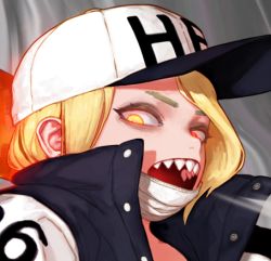 Rule 34 | 1girl, blonde hair, cropped, dgk, eyelashes, glowing, glowing eyes, hat, long eyelashes, lowres, mask, mouth mask, open mouth, original, portrait, red eyes, sharp teeth, smoke, solo, teeth, upper body, upper teeth only, white hat, yellow eyes