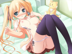 Rule 34 | 00s, 1girl, aqua eyes, bed, black thighhighs, blonde hair, blush, bra, breasts, censored, game cg, happiness!, hiiragi anri, ko~cha, large breasts, lingerie, long hair, lying, miniskirt, mosaic censoring, on back, open bra, open clothes, open shirt, panties, panty pull, pillow, pussy, shirt, skirt, solo, stuffed animal, stuffed toy, thighhighs, twintails, underwear, very long hair, white panties