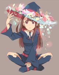 Rule 34 | 10s, 1girl, boots, brown hair, dress, hat, kagari atsuko, little witch academia, long hair, open mouth, red eyes, skirt, solo, sou (tuhut), witch, witch hat