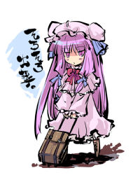 Rule 34 | 1girl, female focus, full body, hat, long hair, mob cap, patchouli knowledge, rolling suitcase, simple background, solo, suitcase, tokiame, touhou, translated, very long hair, white background