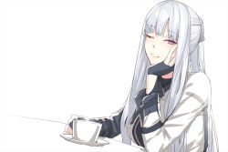 Rule 34 | 1girl, ak-12 (girls&#039; frontline), artificial eye, braid, breasts, coffee cup, commentary request, cup, disposable cup, girls&#039; frontline, gloves, hand on own cheek, hand on own face, kageshio (276006), large breasts, lips, long hair, mechanical eye, one eye closed, parted lips, partially fingerless gloves, saucer, sidelocks, silver hair, simple background, smile, solo, steam, tactical clothes, very long hair, white background