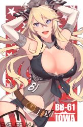 Rule 34 | 10s, 1girl, arms up, asymmetrical legwear, blonde hair, blue eyes, breasts, cleavage, elbow gloves, fingerless gloves, front-tie top, garter straps, gloves, highres, iowa (kancolle), kantai collection, large breasts, md5 mismatch, miniskirt, mismatched legwear, n0r0, resolution mismatch, skirt, solo, source larger, star-shaped pupils, star (symbol), striped clothes, striped thighhighs, symbol-shaped pupils, thighhighs, vertical-striped clothes, vertical-striped thighhighs