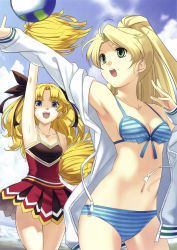 Rule 34 | 2girls, absurdres, armpits, atelier (series), atelier marie, ball, beach, beachball, bikini, blonde hair, blue bikini, blue eyes, bow, breasts, cheerleader, cleavage, cloud, collarbone, cross edge, crossover, day, earrings, female focus, front-tie top, green eyes, gust, hair bow, highres, hirano katsuyuki, jacket, jewelry, liliane vehlendorf, long hair, long sleeves, mana khemia (series), mana khemia 2, marie (atelier), multiple girls, navel, official art, open clothes, open mouth, outdoors, pom pom (cheerleading), ponytail, skirt, sky, small breasts, striped bikini, striped clothes, swimsuit