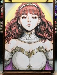 Rule 34 | 1girl, art tools in frame, breasts, celica (fire emblem), cleavage, detached collar, earrings, fire emblem, highres, jewelry, nintendo, portrait, red eyes, red hair, stanley lau