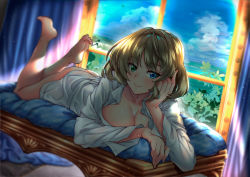 Rule 34 | 10s, 1girl, arm support, ass, bad id, bad pixiv id, barefoot, blue eyes, blue sky, blurry, bottomless, breasts, cleavage, closed mouth, cloud, collared shirt, curtains, day, depth of field, green eyes, green hair, hand on own cheek, hand on own face, heterochromia, idolmaster, idolmaster cinderella girls, indoors, large breasts, legs up, long sleeves, looking at viewer, lying, matching hair/eyes, mole, mole under eye, naked shirt, on stomach, pillow, shiny skin, shirokuma a, shirt, short hair, sky, smile, solo, sunlight, takagaki kaede, the pose, wing collar