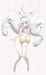 Rule 34 | &gt; &lt;, 1girl, animal ear fluff, animal ears, azur lane, bad id, bad pixiv id, banned artist, bird, blue eyes, braid, breasts, bug, butterfly, chick, closed mouth, clothing cutout, contrapposto, covered navel, dai nikucho, flats, frills, frozen, full body, grey background, grey hair, hairband, hand on own chest, hand up, highres, ice, ice cube, insect, knees, knees together feet apart, le malin (azur lane), le malin (listless lapin) (azur lane), legs, leotard, long hair, looking at viewer, manjuu (azur lane), narrow waist, o-ring, pantyhose, plant, rabbit ears, simple background, small breasts, standing, string, thigh strap, thighs, twin braids, white footwear, white leotard, wide hips, wrist cuffs