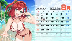 Rule 34 | beach, breasts, calendar, cleavage, dolphin hair ornament, dolphin wave, green eyes, highres, official art, red hair, sakimiya iruka, swimsuit, thighs, water