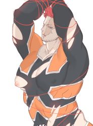 Rule 34 | 1boy, arms up, bara, bare pectorals, beard, blue eyes, bodysuit, boku no hero academia, bound, bound arms, covered abs, covered erect nipples, deavor lover, endeavor (boku no hero academia), facial hair, highres, inverted nipples, large pectorals, male focus, mature male, muscular, muscular male, nipples, pectorals, red hair, scar, scar across eye, scar on face, short hair, sideburns, skindentation, solo, spiked hair, string, stubble, torn bodysuit, torn clothes, upper body