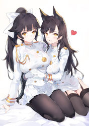 Rule 34 | 2girls, aiguillette, animal ears, arm support, arms around waist, asymmetrical bangs, atago (azur lane), azur lane, bad id, bad pixiv id, bed, black hair, black legwear, blouse, blush, breasts, buttons, closed mouth, couple, double-breasted, emyo, epaulettes, extra ears, female focus, floppy ears, garter straps, gloves, grin, hair ribbon, heart, highres, hug, jacket, large breasts, long hair, long sleeves, looking at viewer, military, military uniform, miniskirt, mole, mole under eye, multiple girls, neck, on bed, pantyhose, parted lips, pencil skirt, pleated skirt, ponytail, ribbon, seiza, shirt, side slit, simple background, sitting, skirt, smile, takao (azur lane), thighhighs, uniform, white background, white gloves, white jacket, white ribbon, white shirt, white skirt, yellow eyes, yuri, zettai ryouiki