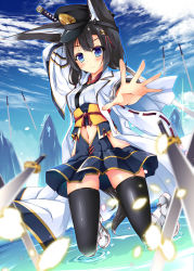 Rule 34 | 1girl, animal ears, arm behind head, black hair, black thighhighs, blue eyes, blush, boots, clothing cutout, cloud, cloudy sky, day, feiren, fox ears, fox tail, full body, gluteal fold, hat, hip vent, holding, holding sword, holding weapon, japanese clothes, katana, kneeling, kneeling on water, long hair, miniskirt, navel, navel cutout, original, outstretched arm, peaked cap, ribbon-trimmed sleeves, ribbon trim, skirt, sky, smile, solo, sword, tail, thighhighs, twintails, water, weapon, wide sleeves, zettai ryouiki