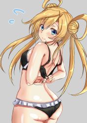 Rule 34 | 10s, 1girl, abukuma (kancolle), adjusting clothes, ass, bare arms, bare shoulders, black bra, black panties, blonde hair, blue eyes, blush, bra, breasts, chan (akuty ikkot), colored eyelashes, from behind, hair between eyes, hair rings, highres, kantai collection, long hair, looking at viewer, looking back, midriff, panties, sideboob, smile, solo, thighs, twintails, underwear