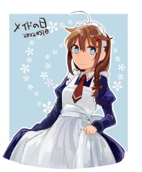 Rule 34 | 1girl, absurdres, ahoge, alternate costume, apron, blue dress, blue eyes, braid, brown hair, commentary request, cowboy shot, dress, enmaided, frilled dress, frills, hair flaps, hair ornament, hair over shoulder, highres, kantai collection, kurou oruha, long hair, looking at viewer, maid, maid day, maid headdress, necktie, red necktie, shigure (kancolle), shigure kai ni (kancolle), single braid, solo, white apron