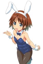 Rule 34 | 1girl, :d, alternate costume, animal ears, black pantyhose, blue bow, blue bowtie, blue eyes, blue footwear, blue leotard, blush, bow, bowtie, breasts, brown hair, collar, commentary request, cowboy shot, detached collar, fake animal ears, fake tail, gesture, girls und panzer, hagiya masakage, high heels, leaning forward, leg up, leotard, light blush, looking at viewer, open mouth, pantyhose, playboy bunny, rabbit ears, rabbit tail, sakaguchi karina, short hair, side-tie leotard, simple background, small breasts, smile, solo, standing, standing on one leg, strapless, strapless leotard, tail, thigh gap, thighs, white background, white collar, wing collar, wrist cuffs