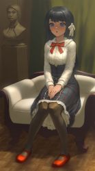 Rule 34 | 1girl, :o, black hair, black pantyhose, blue skirt, bow, bowtie, breasts, bust (sculpture), center frills, frilled shirt, frilled shirt collar, frilled skirt, frills, full body, hair ornament, hair ribbon, hands on lap, highres, hololive, infi, knees together feet apart, long hair, long skirt, long sleeves, mary janes, medium breasts, oozora subaru, oozora subaru (casual), open mouth, own hands together, pantyhose, red bow, red bowtie, red footwear, ribbon, shirt, shoes, sitting, skirt, solo focus, v arms, virtual youtuber, white ribbon, yagoo