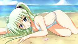 Rule 34 | 10s, 1girl, bad id, bad pixiv id, bare shoulders, beach, blush, breasts, cleavage, day, einhard stratos, green hair, heterochromia, highres, km yama, long hair, lyrical nanoha, mahou shoujo lyrical nanoha, mahou shoujo lyrical nanoha vivid, medium breasts, open mouth, outdoors, solo, swimsuit, water